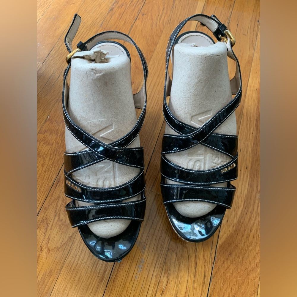 Prada wedge black patent leather sandals size 39